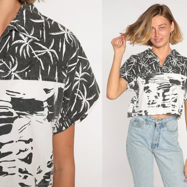 Tropical Crop Top 80s Palm Tree Print Cropped Polo Shirt Boho Black White Hipster Retro Surfer Hawaiian Vintage 1980s Cotton Medium M 