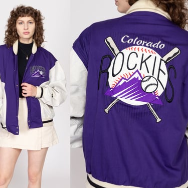 Lrg-XL 90 Colorado Rockies MLB Denim Varsity Jacket | Vintage Purple White Snap Button Baseball Bomber Coat 