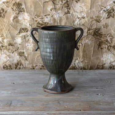 Aged Olive Dripped Glaze Pottery Trophy Vase, neutral home decor, grandmillennials, Parisian decor, bookshelf vase, botanical vase 