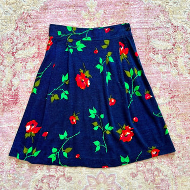 AS-IS *** Vintage 1960s 60s Rose Stems Floral Printed Jersey Knit Cotton Acrylic Navy Blue Red High Waisted A-Line Mini Skater Skirt (small) 