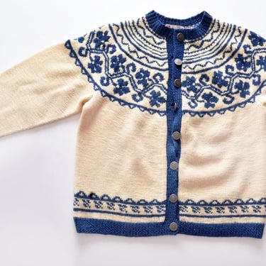 40's Norway Wool Cardigan Sweater Blue & Ivory, 1950's, Mid Century, Norwegian Snowflake Winter, Fair Isle, 1940's 