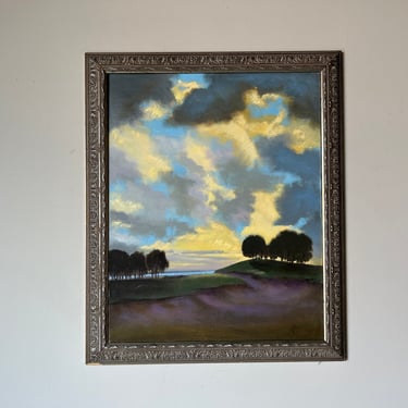 Vintage Sunset Golf Course Landscape Oil Painting, Framed 