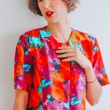 Vintage 80s Sportswear Blouse with Neon Floral Print; 80s Resort Sport Abstract Floral Fitted Summer Button Down Blouse with Mandarin Collar 
