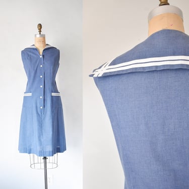 Marley cotton 60s 70s sailor dress, plus size dress, mod 60s dress, pleated summer dress, blue and white 