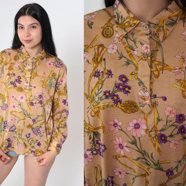 Baroque Floral Top 00s Boho Blouse Button Up Shirt Tan Polo Retro Long Sleeve Summer Flower Print Collared Shirt Y2K Vintage Large L 