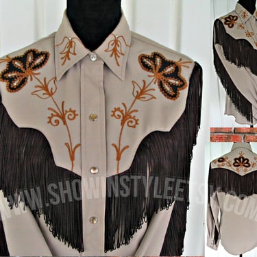 H Bar C, California Ranchwear Vintage Western Women's Shirt, Embroidery, Appliques & Fringe, Tag Size 40, Approx. Med. (see meas. photo) 