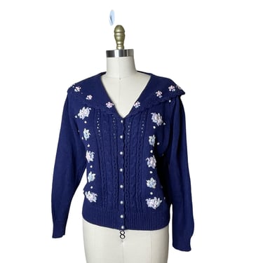 Vintage Carolina Colours Navy Cardigan Sweater Cottage Core Pilgrim Collar Embroidery size m 