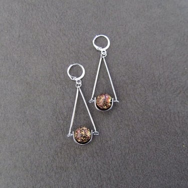 Silver pendulum earrings, rainbow electroplated lava rock 