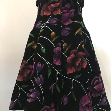 1980s Patricia Rhodes Floral Full Velvet Skirt 