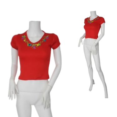 1970's Embroidered Red Ribbed Knit Cropped T Shirt I Tee I Sz Sm 