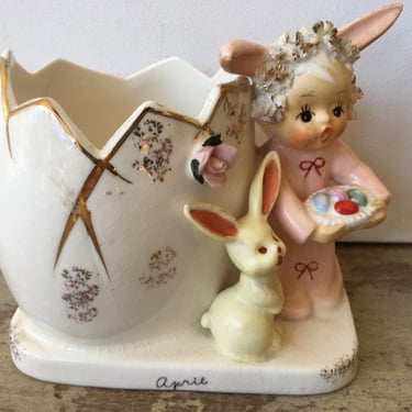 Napco Vintage Bunny Angel Planter, REPAIR TO EAR, Easter Vase S627, April Bunny Rabbit With Little Yellow Rabbit 