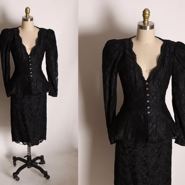 1980’s Black Lace Long Sleeve Rhinestone Button Gothic Peplum Jacket with Matching Pencil Skirt Two Piece Skirt Suit by Sylvia Ann 