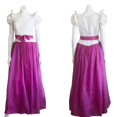 1970s gown with magenta organza skirt and white bodice 
