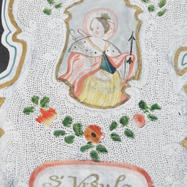 Antique 1800's Canivet Miniature Portrait Saint Ursula, Hand Cut Scissor Work, Hand Painted German Religious Folk Art, Holy Card 