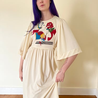 70’s Does 20’s Art Deco Themed Lady Face Bell Sleeve Cream Nylon Maxi Dress