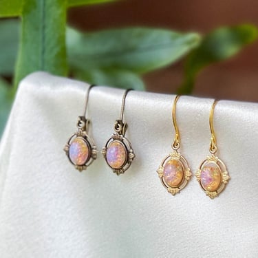 pink fire opal earrings, Victorian jewelry, dainty gold medallion earrings, pink crystal teardrop earrings, gift for her 