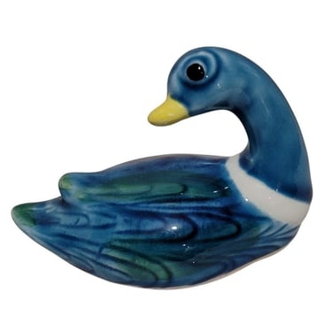 Vintage 80s Enesco Small Ceramic Mallard Duck Blue Green Miniature 2