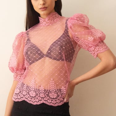 1970s Pink Lace Puff Sleeve Top 