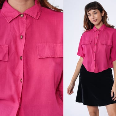 Fuchsia Cropped Blouse 90s Plain Hot Pink Crop Top 1990s Shirt Chest Pocket Collared Button Up Shirt Short Sleeve Top Vintage Small s 