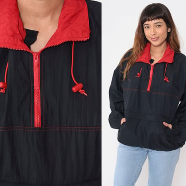 Black Windbreaker Jacket 90s Red Trim Jacket Pullover Jacket Quarter Zip Up Jacket 1990s Vintage Shell Jacket Kangaroo Pocket Large L 