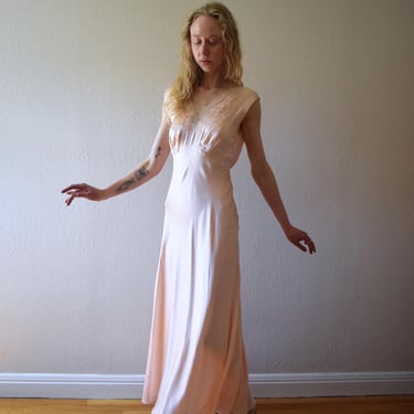 1930s silk satin bias cut gown . vintage 30s pink slip dress . size small to s/m 