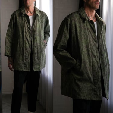 Vintage 60s Czech Army Rain Camo Heavy Cotton Trench Coat w/ Back Pocket | Made in Czechoslovakia  | Stamped 64 | 1960s Military Trench Coat 