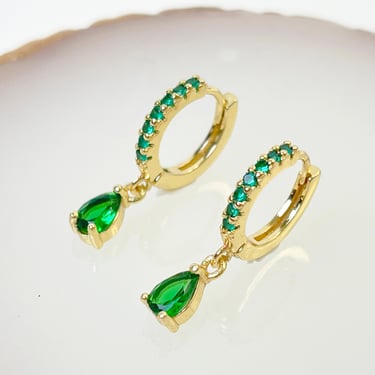 E142 18k gold filled emerald earrings, tear drop earrings, hoop earrings, pave earrings, dangle earrings, emerald hoop earrings 