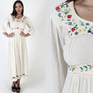 Vintage 70s India Gauze Maxi Dress, Floral Embroidered Indian Cotton Sundress, Ivory Bohemian High Waist Long Gown 