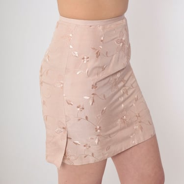 Embroidered Floral Skirt 90s Blush Beige Mini Skirt Flower Embroidery Pencil Side Slit High Waisted Miniskirt Vintage 1990s Extra Small xs 