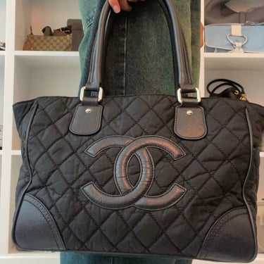 Chanel Black Jumbo Logo Quilted Tote