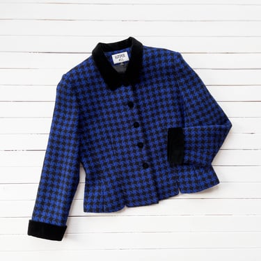 blue plaid wool jacket | 80s vintage 50s style dark academia blue black velvet checkered houndstooth nipped waist blazer 