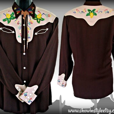 Montgomery Ward 101 Vintage Western Men's Cowboy Shirt, Embroidered Chainstitched Floral Designs, Approx. Medium (see meas. photo) 