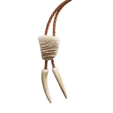 90s Bolo Carved Antler Brown Braided Leather 