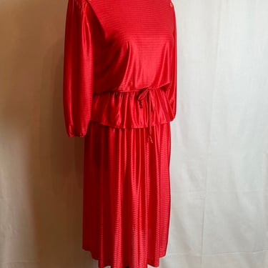 70’s sexy red dress Blondie vibes stretchy knit slinky  striped low back cinched waist blousy disco glam vibes size LG 