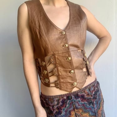 Brown Leather Cache Lion Button Cut Out Vest by VintageRosemond