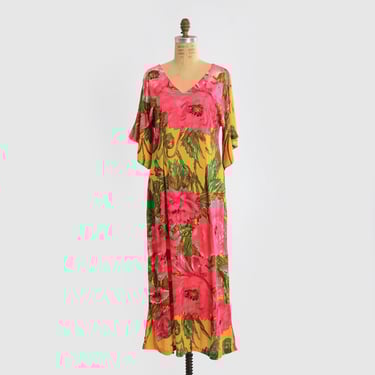 Vintage 60s neon floral Psychedelic nylon maxi dress 