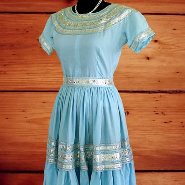 Faye Creations Vintage Western Women's Two Piece Patio Set, Circle Skirt, Silver & Light Blue Skirt and Blouse, Approx. XSmall (see meas.) 