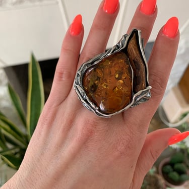 Wood Amber Ring Sterling