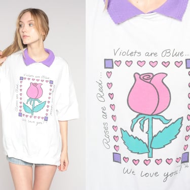Mom T-shirt 90s Collared Tshirt Floral Rose Graphic Tee Mother Love Heart Shirt Cute Purple Collar Slouchy White 1990s Vintage 3xl xxxl 