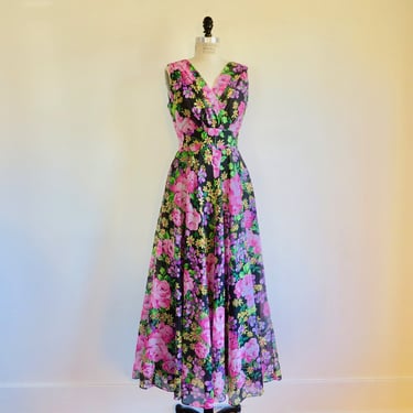 1970's Pink Black Multicolor Floral Long Maxi Dress Sleeveless Faux Wrap Bodice Fit and Flare 70's Spring Summer Garden Party 29" Waist Med 