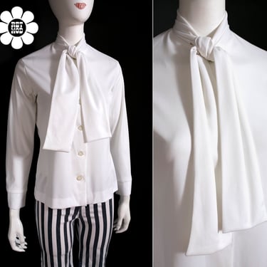 Groovy Vintage 60s 70s White Long Sleeve Blouse with Pussybow by Jeri-Ann 