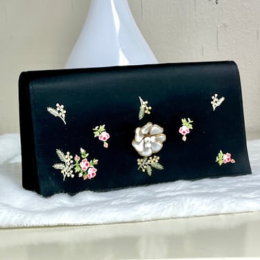 Luxe Embroidered Silk Clutch, Paris Made Purse, Pin Up Beauty, Vintage 50s 60s 