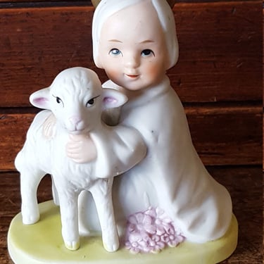 Vintage Porcelain Figurine HOMCO~Girl with Lamb~Bisque Figurine~Vintage Homco Porcelain White Lamb~Crosses Swords hallmark~JewelsandMetals. 