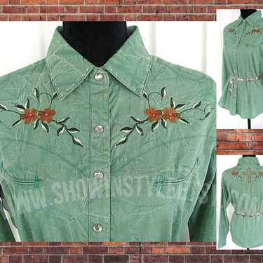 Pink Cattlelac Vintage Retro Western Women's Cowgirl Shirt, Rodeo Blouse, Mint Green with Floral Embroidery, Tag Size Med (see meas. photo) 