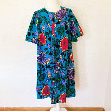 80s Turquoise Abstract Cotton Floral Kaftan Tent Dress | Large/Extra Large 