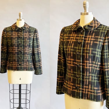 1950's Adele Simpson Plaid Jacket / 50's Fitted Jacket / Size Medium Large 