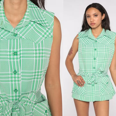 70s Houndstooth Tank Top Mod Shirt Green Wing Collar Button Up Shirt Collared Sleeveless Blouse Preppy White Belted 1970s Plaid Medium Large 