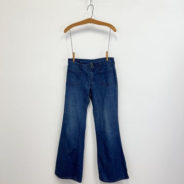 Vintage 1970s Big Yank Jeans | Womens Mid Rise Flares with Patch Pockets | Dark Blue Wash with Fade 