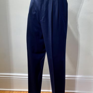 1950's Pleated Trousers - Navy Blue Wool Gabardine - Wide Baggy Leg - 31 Inch Waist 