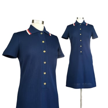 Vintage 70s Mod Shift Dress, Medium / Navy Blue Nautical Style Dress / 1970s Sporty Short Sleeve Golf Dress / Polyester Knit Collared Dress 